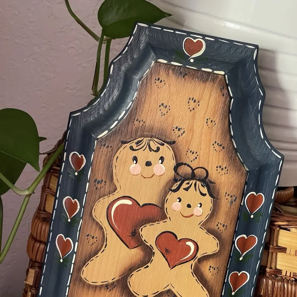 VTG Handmade Wood Gingerbread Hearts Towel Holder Farmhouse Folk Grandma Cottage